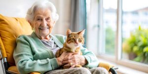 An elderly couple sits together in a bright, comfortable apartment, with one receiving gentle assistance from a caregiver.