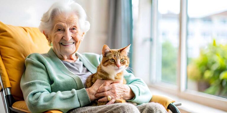 An elderly couple sits together in a bright, comfortable apartment, with one receiving gentle assistance from a caregiver.