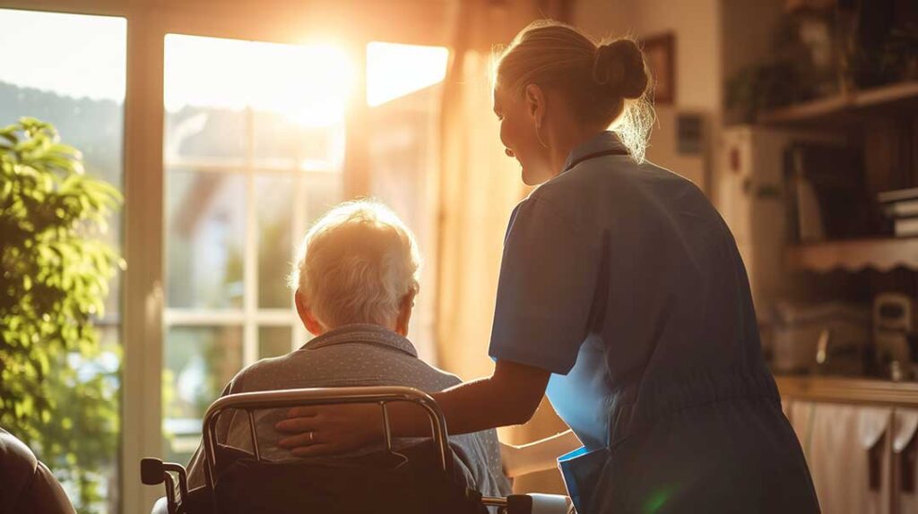 An elderly resident discusses medication and care plans with assisted living staff at a small table.
