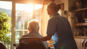 An elderly resident discusses medication and care plans with assisted living staff at a small table.